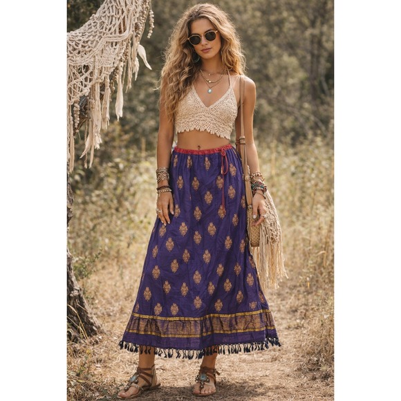 Free People Dresses & Skirts - Vtg Free People Fringe Brocade Jacquard Purple Maxi Skirt Boho Hippie Size M